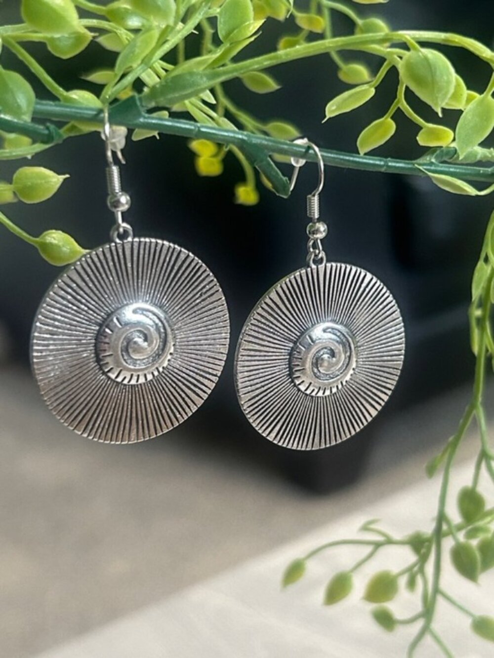 Vintage Boho Antique Silver Tone Sunburst Spiral Round Earrings - NWOT
